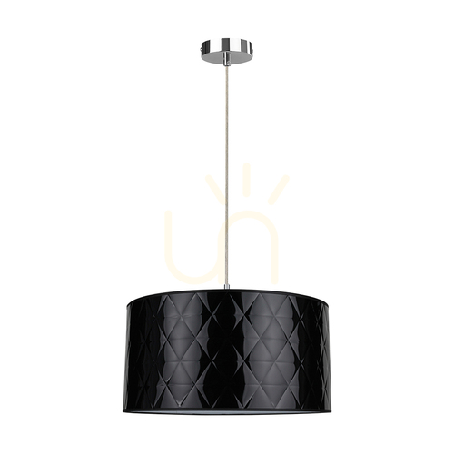 Prüfen Maxima Pendelleuchte, 1xE27, Max. 60 W, Metall in Chromoptik / transparentes PVC-Kabel / schwarzer Lampenschirm, Ø 50 cm