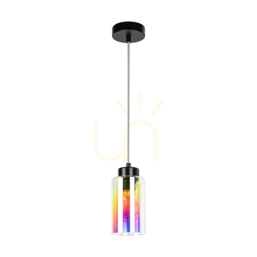 Prüfen Meno Pendelleuchte, 1xE27, Max. 60 W, schwarzes Metall/transparentes PVC-Kabel/mehrfarbiger Glasschirm, Ø 10 cm
