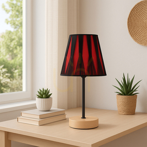 Mila Wood Tischlampe, 1xE14, Max. 40 W, Birke/schwarzes Metall/schwarzes PVC-Kabel/schwarzer und roter Lampenschirm, Ø 14 cm small 1