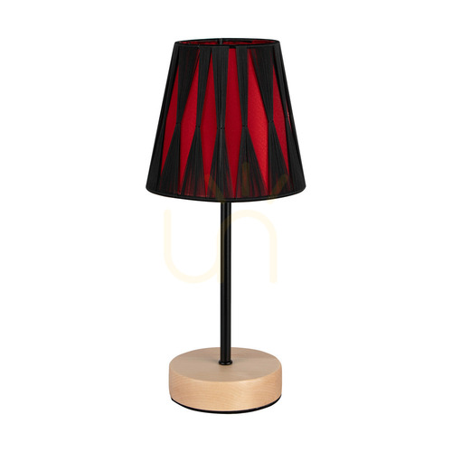 Prüfen Mila Wood Tischlampe, 1xE14, Max. 40 W, Birke/schwarzes Metall/schwarzes PVC-Kabel/schwarzer und roter Lampenschirm, Ø 14 cm