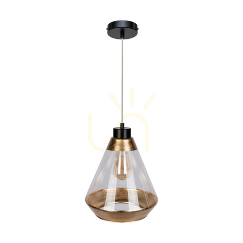 Prüfen Mistral Pendelleuchte, 1xE27, Max. 60 W, schwarzes Metall / transparentes PVC-Kabel / gold-transparenter Glasschirm, Ø 25 cm