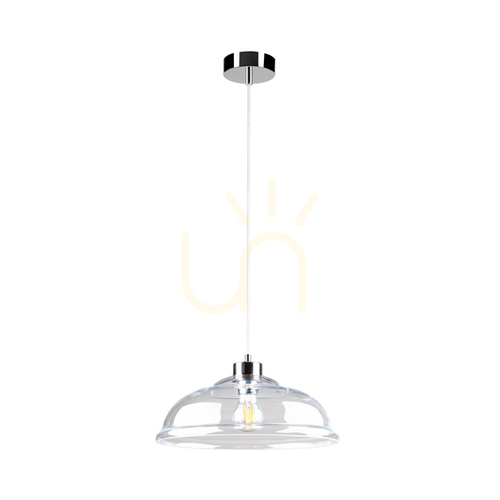 Prüfen Molde Pendelleuchte, 1xE27, Max. 60 W, Metall in Chromoptik / transparentes PVC-Kabel / transparenter Glasschirm, Ø 34 cm