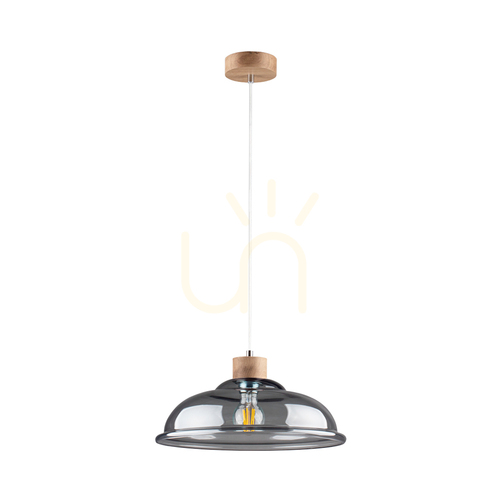 Prüfen Molde Pendelleuchte, 1xE27, Max. 60 W, geölte Eiche / transparentes PVC-Kabel / Lampenschirm aus Rauchglas, Ø 34 cm