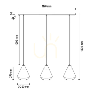 Mistral Pendelleuchte, 3xE27, Max. 60 W, schwarzes Metall/transparentes PVC-Kabel/gold-transparenter Glasschirm, 117 cm small 6