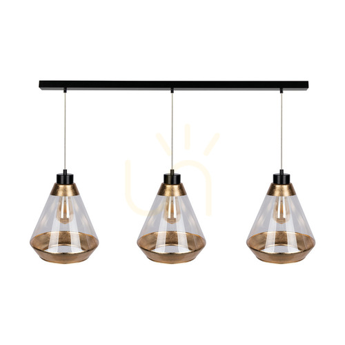 Prüfen Mistral Pendelleuchte, 3xE27, Max. 60 W, schwarzes Metall/transparentes PVC-Kabel/gold-transparenter Glasschirm, 117 cm