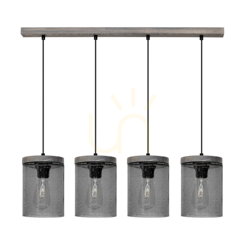 Prüfen Monsun Pendelleuchte 4xE27 Max. 60 W, grau gebeiztes Kiefernholz / schwarzes PVC-Kabel / Lampenschirm aus Rauchglas, 100 cm