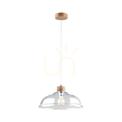Prüfen Molde Pendelleuchte, 1xE27, Max. 60 W, geölte Eiche / transparentes PVC-Kabel / transparenter Glasschirm, Ø 34 cm
