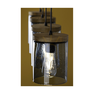 Monsun Pendelleuchte 4xE27 Max. 60 W, braun gebeiztes Kiefernholz / schwarzes PVC-Kabel / Lampenschirm aus Rauchglas, 100 cm small 4
