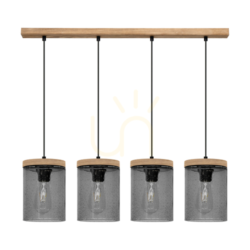 Prüfen Monsun Pendelleuchte 4xE27 Max. 60 W, braun gebeiztes Kiefernholz / schwarzes PVC-Kabel / Lampenschirm aus Rauchglas, 100 cm