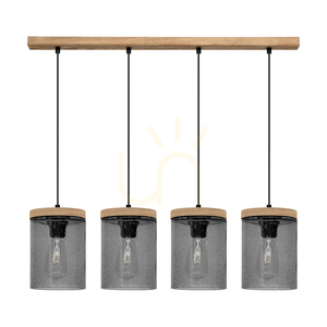 Monsun Pendelleuchte 4xE27 Max. 60 W, braun gebeiztes Kiefernholz / schwarzes PVC-Kabel / Lampenschirm aus Rauchglas, 100 cm small 0