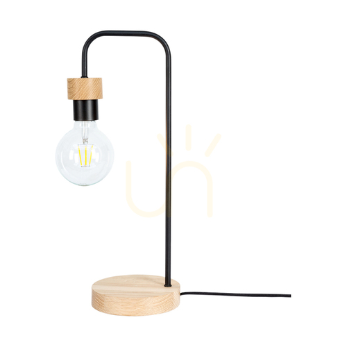 Prüfen Muriel Tischlampe, 1xE27, Max. 25 W, geölte Eiche/schwarzes Metall/schwarzes geflochtenes Kabel, 20 cm