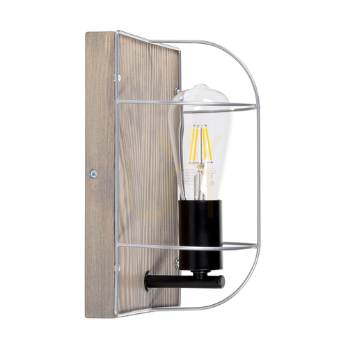 Prüfen Netuno Wandleuchte 1xE27 Max. 15-W-LED, grau gebeiztes Kiefernholz / schwarzes Metall / silbernes Metall, 15 cm Lampenschirm