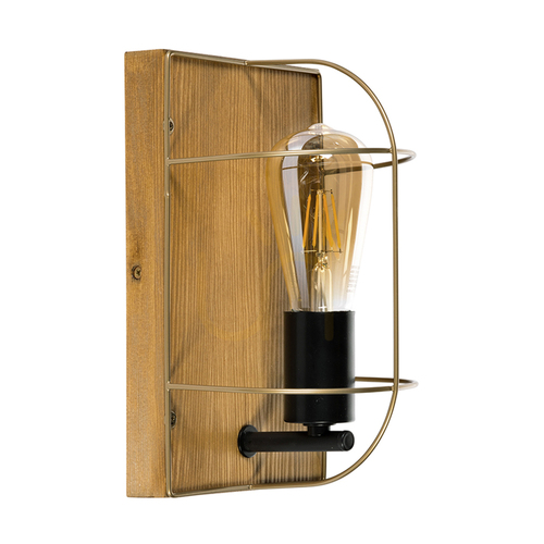 Prüfen Wandleuchte „Netuno“, 1xE27, Max. 15-W-LED, braun gebeiztes Kiefernholz / schwarzes Metall / goldfarbener Metallschirm, 15 cm