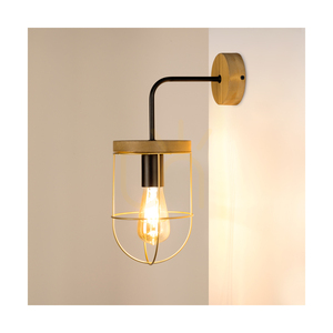 Wandleuchte „Netuno“, 1xE27, Max. 25-W-LED, braun gebeiztes Kiefernholz / schwarzes Metall / goldfarbener Metallschirm, 25 cm small 2