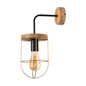 Wandleuchte „Netuno“, 1xE27, Max. 25-W-LED, braun gebeiztes Kiefernholz / schwarzes Metall / goldfarbener Metallschirm, 25 cm small 0