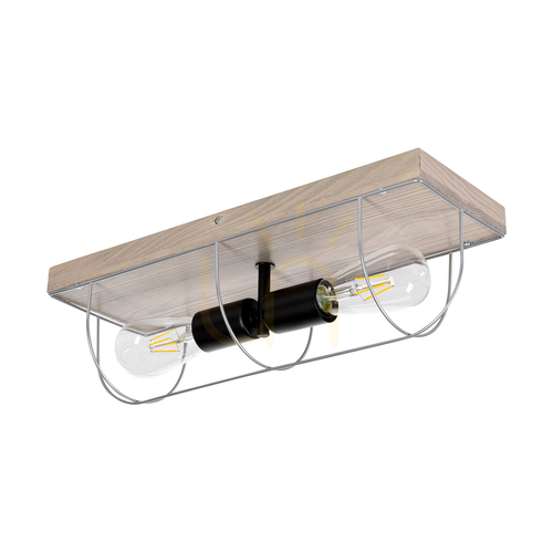Prüfen Netuno Wandleuchte / Deckenleuchte 2xE27 Max. 15 W LED, grau gebeiztes Kiefernholz / schwarzes Metall / silberner Metallschirm, 46 cm