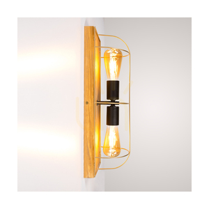 Netuno Wandleuchte / Deckenleuchte 2xE27 Max. 15-W-LED, braun gebeiztes Kiefernholz / schwarzes Metall / goldfarbener Metallschirm, 46 cm small 2