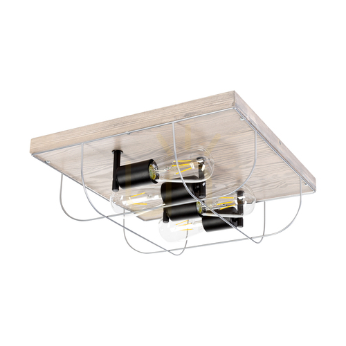 Prüfen Deckenleuchte „Netuno“, 4xE27, Max. 15-W-LED, gebeiztes Kiefernholz, graues/schwarzes Metall, silberner Metallschirm, 40 cm