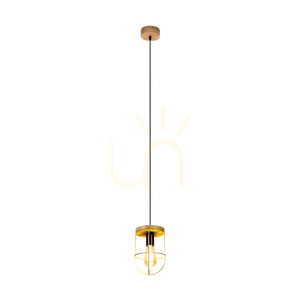 Netuno Pendelleuchte, 1xE27, Max. 60 W, braun gebeiztes Kiefernholz / schwarzes Metall / schwarzes PVC-Kabel / goldfarbener Metallschirm, Ø 15 cm small 1