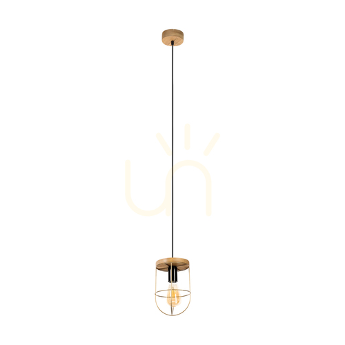 Prüfen Netuno Pendelleuchte, 1xE27, Max. 60 W, braun gebeiztes Kiefernholz / schwarzes Metall / schwarzes PVC-Kabel / goldfarbener Metallschirm, Ø 15 cm