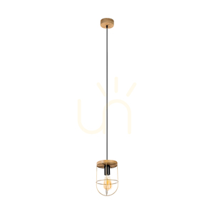 Netuno Pendelleuchte, 1xE27, Max. 60 W, braun gebeiztes Kiefernholz / schwarzes Metall / schwarzes PVC-Kabel / goldfarbener Metallschirm, Ø 15 cm small 0