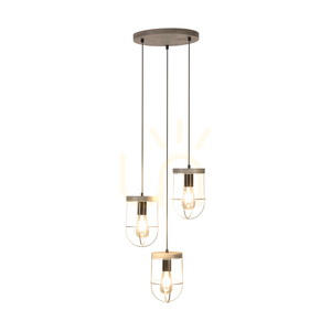 Netuno Pendelleuchte 3xE27 Max. 60 W, gebeiztes Kiefernholz, grau/schwarzes Metall, schwarzes PVC-Kabel, silberner Metallschirm, Ø 50 cm small 1
