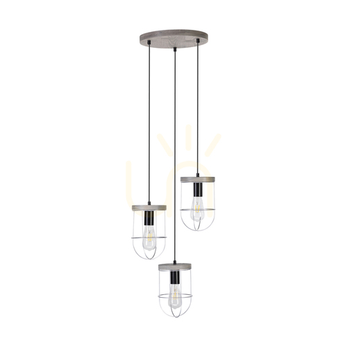 Prüfen Netuno Pendelleuchte 3xE27 Max. 60 W, gebeiztes Kiefernholz, grau/schwarzes Metall, schwarzes PVC-Kabel, silberner Metallschirm, Ø 50 cm