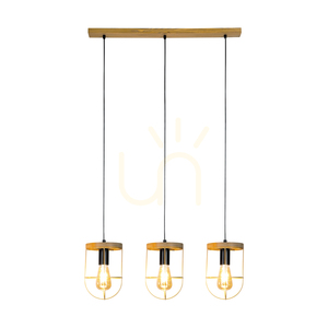 Netuno Pendelleuchte, 3xE27, Max. 60 W, braun gebeiztes Kiefernholz / schwarzes Metall / schwarzes PVC-Kabel / goldfarbener Metallschirm, 76 cm small 1