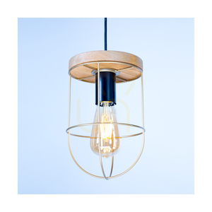Netuno Pendelleuchte, 3xE27, Max. 60 W, braun gebeiztes Kiefernholz / schwarzes Metall / schwarzes PVC-Kabel / goldfarbener Metallschirm, 76 cm small 2