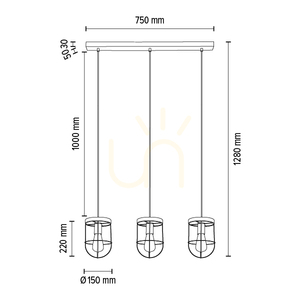 Netuno Pendelleuchte, 3xE27, Max. 60 W, braun gebeiztes Kiefernholz / schwarzes Metall / schwarzes PVC-Kabel / goldfarbener Metallschirm, 76 cm small 3