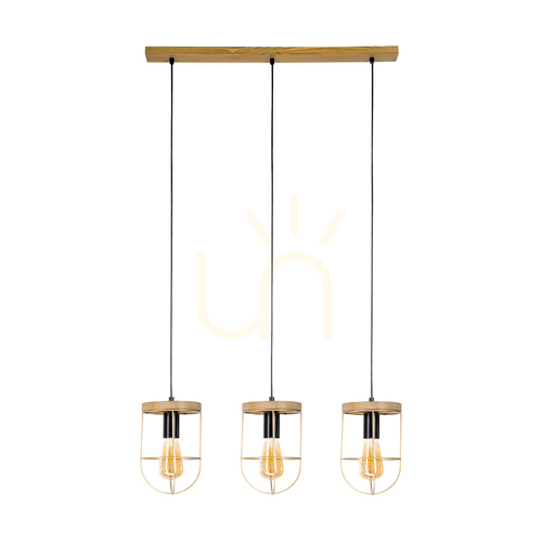 Prüfen Netuno Pendelleuchte, 3xE27, Max. 60 W, braun gebeiztes Kiefernholz / schwarzes Metall / schwarzes PVC-Kabel / goldfarbener Metallschirm, 76 cm