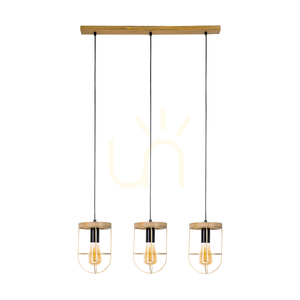 Netuno Pendelleuchte, 3xE27, Max. 60 W, braun gebeiztes Kiefernholz / schwarzes Metall / schwarzes PVC-Kabel / goldfarbener Metallschirm, 76 cm small 0
