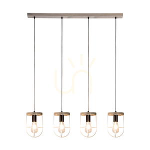 Netuno Pendelleuchte 4xE27 Max. 60 W, grau gebeiztes Kiefernholz / schwarzes Metall / schwarzes PVC-Kabel / silberner Metallschirm, 100 cm small 1
