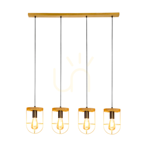 Netuno Pendelleuchte 4xE27 Max. 60 W, braun gebeiztes Kiefernholz / schwarzes Metall / schwarzes PVC-Kabel / goldfarbener Metallschirm, 100 cm small 1