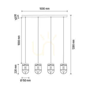 Netuno Pendelleuchte 4xE27 Max. 60 W, braun gebeiztes Kiefernholz / schwarzes Metall / schwarzes PVC-Kabel / goldfarbener Metallschirm, 100 cm small 3
