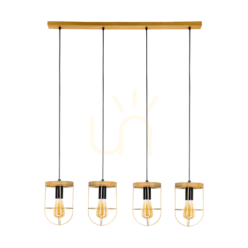 Prüfen Netuno Pendelleuchte 4xE27 Max. 60 W, braun gebeiztes Kiefernholz / schwarzes Metall / schwarzes PVC-Kabel / goldfarbener Metallschirm, 100 cm