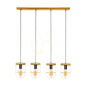 Netuno Pendelleuchte 4xE27 Max. 60 W, braun gebeiztes Kiefernholz / schwarzes Metall / schwarzes PVC-Kabel / goldfarbener Metallschirm, 100 cm small 0