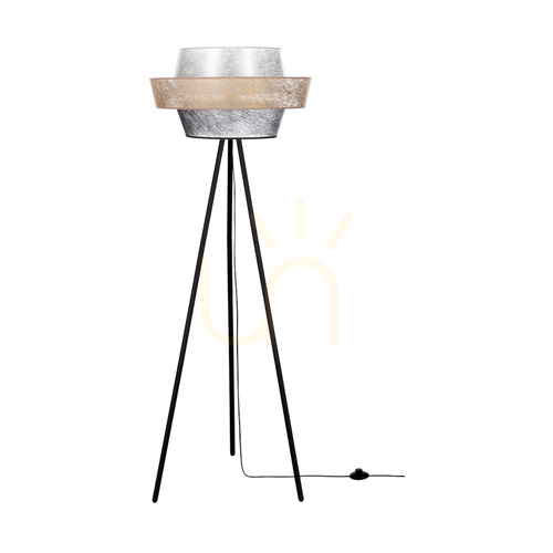 Prüfen Nevoa Stehlampe 1xE27 Max. 40 W, schwarzes Metall / schwarzes PVC-Kabel / schwarz-gold-silberner Lampenschirm, Ø 55 cm
