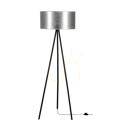 Prüfen Nevoa Stehlampe 1xE27 Max. 40 W, schwarzes Metall / schwarzes PVC-Kabel / silberner Lampenschirm, Ø 50 cm
