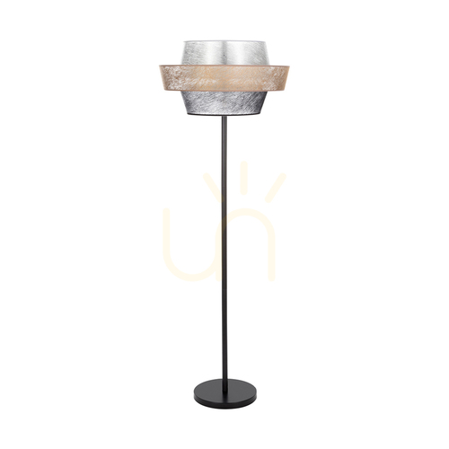Prüfen Nevoa Stehlampe 1xE27 Max. 40 W, schwarzes Metall / schwarzes PVC-Kabel / schwarz-gold-silberner Lampenschirm, Ø 55 cm