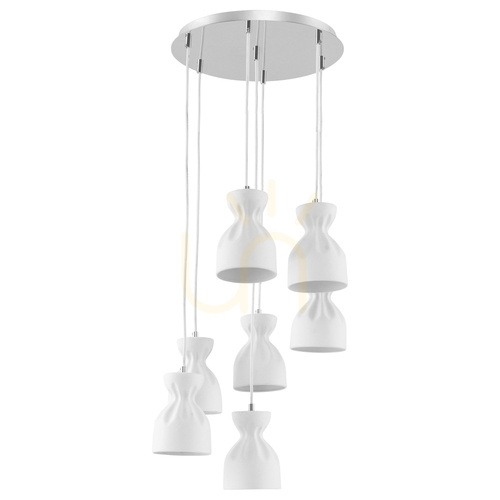 Prüfen Noelle Pendelleuchte, 7xE14, Max. 40 W, Metall in Chromoptik/weiße Keramikschirme, Ø 38 cm