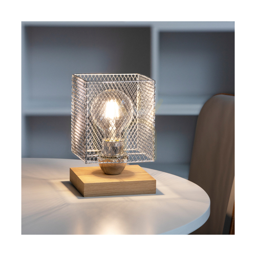 Prüfen Norman Wood Tischlampe, 1xE27, Max. 25 W, geölte Eiche/schwarzes PVC-Kabel/verchromter Metallschirm, 13,5 cm