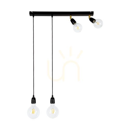 Prüfen Porcia Pendelleuchte, 4xE27, Max. 25 W, schwarz-goldenes Metall/schwarzes geflochtenes Kabel/schwarze Keramik, 75 cm