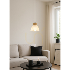 Prahas Pendelleuchte, 1xE14, Max. 40 W, geölte Eiche/schwarzes Metall/schwarzes PVC-Kabel/weißer Glasschirm, Ø 14 cm small 1