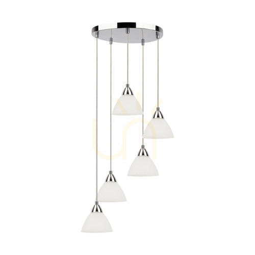 Prüfen Prahas Pendelleuchte, 5xE14, Max. 40 W, Metall in Chromoptik / transparentes PVC-Kabel / weißer Glasschirm, Ø 42 cm