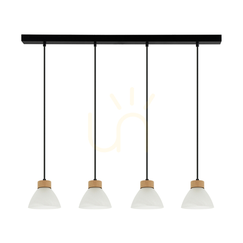 Prüfen Prahas Pendelleuchte 4xE14 Max. 40 W, geölte Eiche/schwarzes Metall/schwarzes PVC-Kabel/weißer Glasschirm, 75 cm