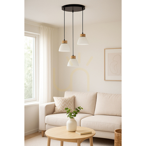 Prahas Pendelleuchte 3xE14 Max. 40 W, geölte Eiche/schwarzes Metall/schwarzes PVC-Kabel/weißer Glasschirm, Ø 30 cm small 1