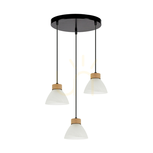 Prüfen Prahas Pendelleuchte 3xE14 Max. 40 W, geölte Eiche/schwarzes Metall/schwarzes PVC-Kabel/weißer Glasschirm, Ø 30 cm
