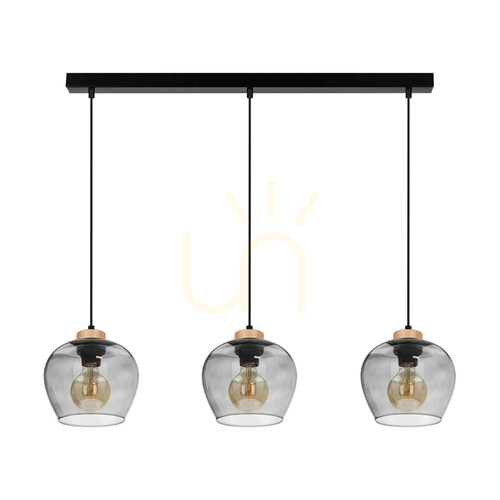 Prüfen Praia Pendelleuchte, 3xE27, Max. 60 W, geölte Eiche/schwarzes Metall/schwarzes PVC-Kabel/Lampenschirm aus Rauchglas, 120 cm