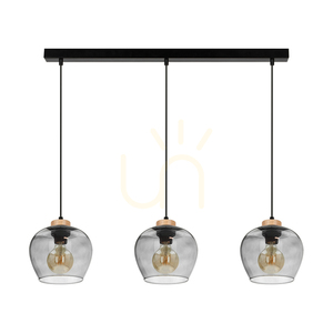 Praia Pendelleuchte, 3xE27, Max. 60 W, geölte Eiche/schwarzes Metall/schwarzes PVC-Kabel/Lampenschirm aus Rauchglas, 120 cm small 0